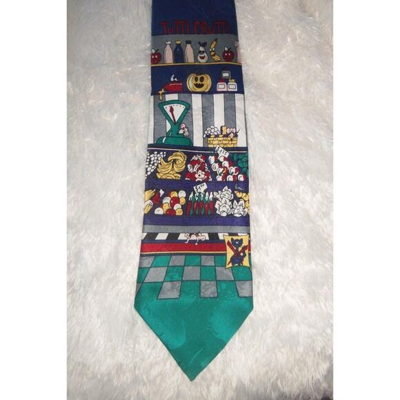 Arthur Barry Men's Neck Tie Tutti Frutti Candy on Blue w/ Green Tip Micro Fiber - Picture 2 of 3